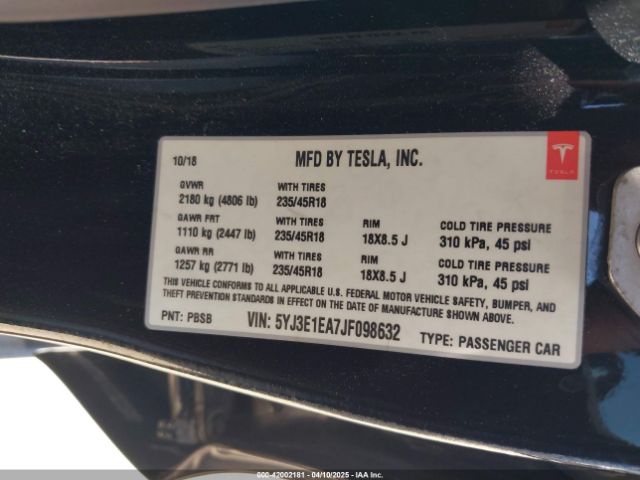 5YJ3E1EA7JF098632 Tesla Model 3 Long Range/mid Range