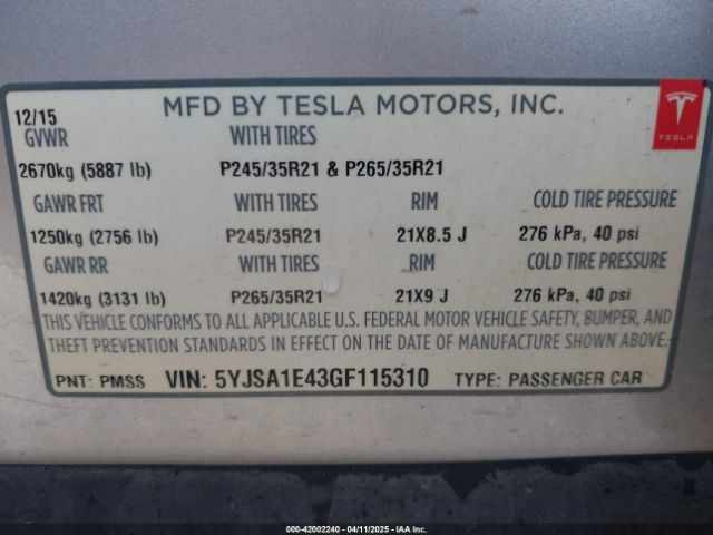 5YJSA1E43GF115310 Tesla Model S 90d/p100d/p85d/p90d