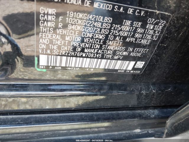 3CZRZ2H76PM708345 Honda Hr-v Awd Ex-l