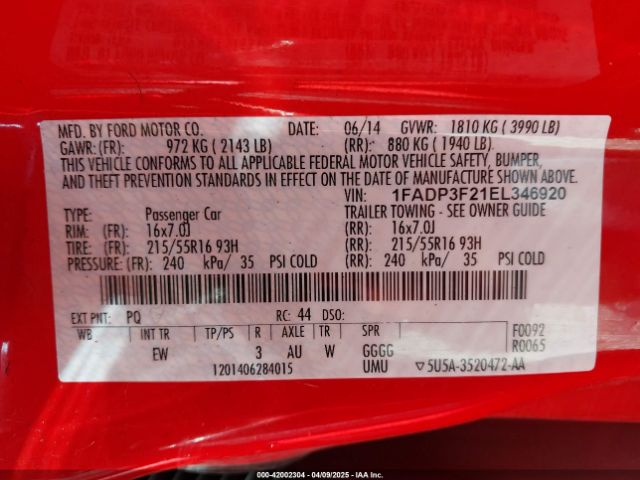 1FADP3F21EL346920 Ford FOCUS SE