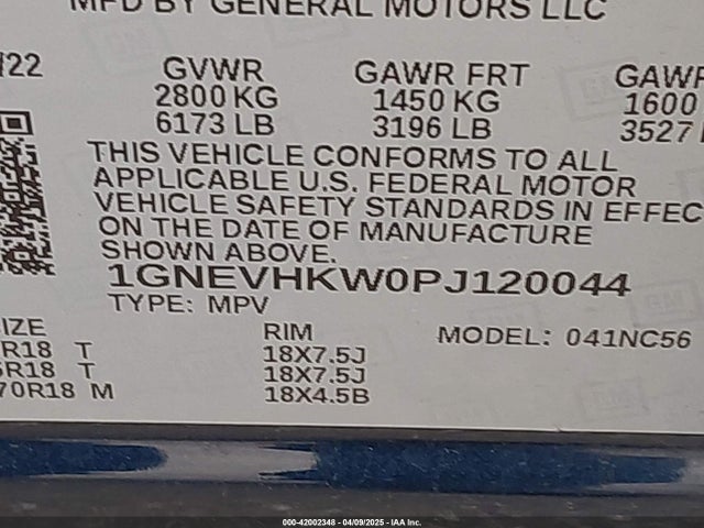 1GNEVHKW0PJ120044 Chevrolet Traverse Awd Lt Leather