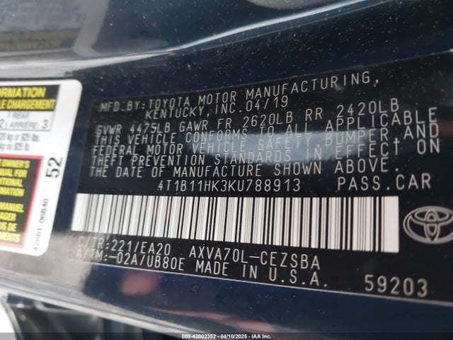 4T1B11HK3KU788913 Toyota CAMRY SE