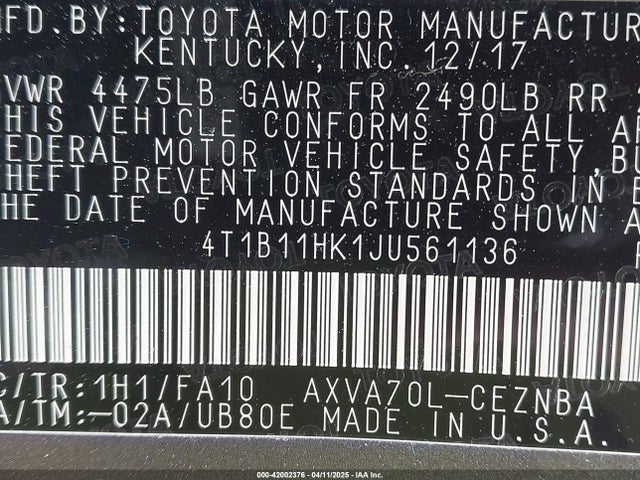 4T1B11HK1JU561136 Toyota CAMRY LE