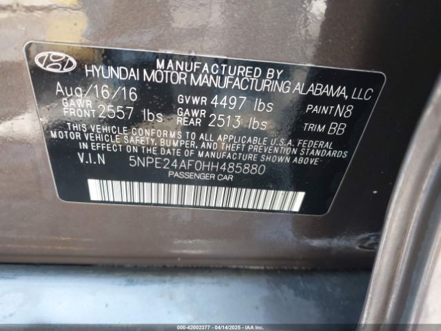 5NPE24AF0HH485880 Hyundai SONATA SE