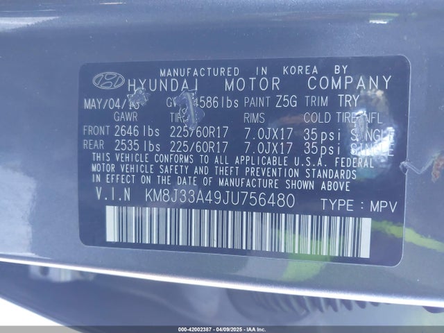 KM8J33A49JU756480 Hyundai TUCSON SEL