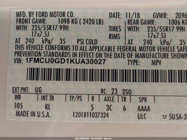 1FMCU0GD1KUA30027 Ford ESCAPE SE