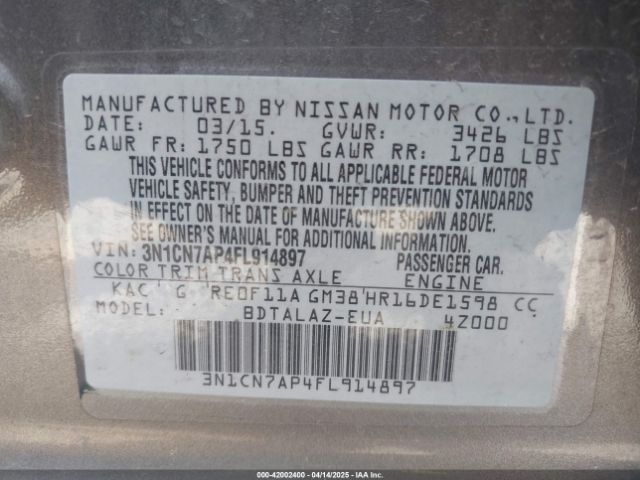 3N1CN7AP4FL914897 Nissan Versa 1.6 S+