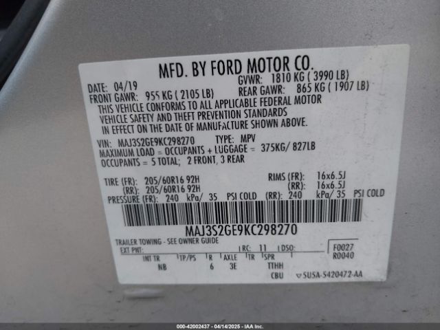 MAJ3S2GE9KC298270 Ford Ecosport Se