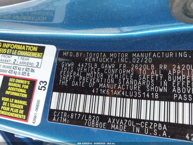 4T1K61AK4LU351418 Toyota CAMRY XSE