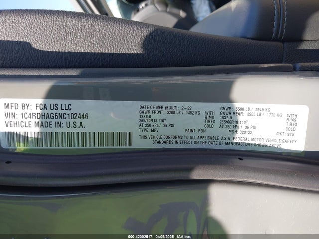 1C4RDHAG6NC102446 Dodge Durango Sxt Rwd