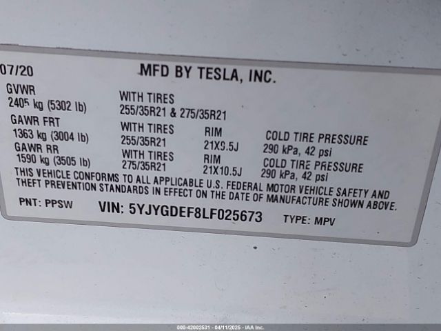 2020 TESLA MODEL Y 5YJYGDEF8LF025673 Photo 8