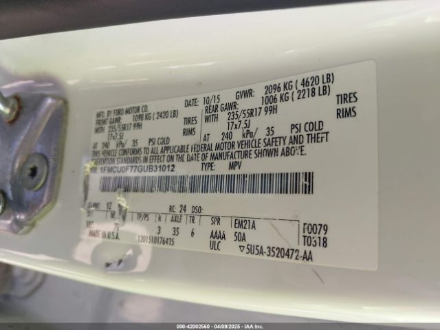 1FMCU0F77GUB31012 Ford ESCAPE S