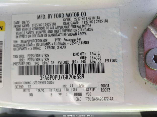 3FA6P0PU7GR206589 Ford Fusion Energi Se Luxury