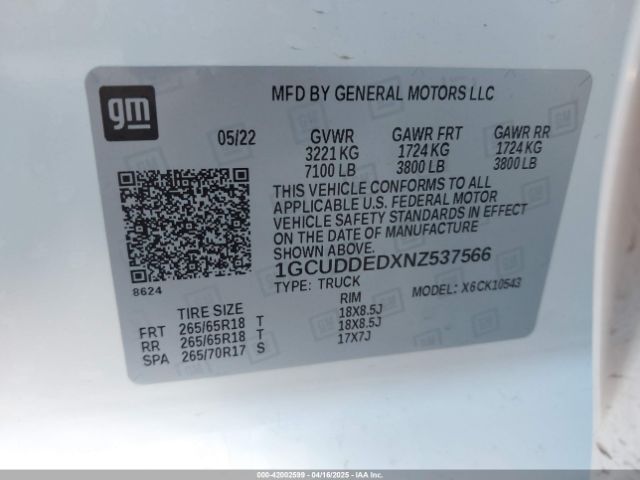 1GCUDDEDXNZ537566 Chevrolet Silverado 1500 4wd  Standard Bed Lt
