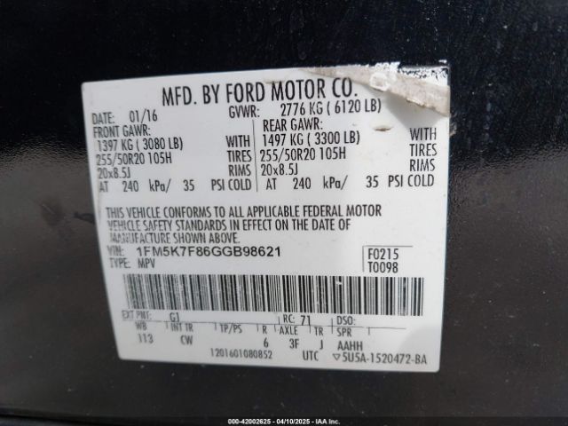 2016 FORD EXPLORER 1FM5K7F86GGB98621 Photo 8