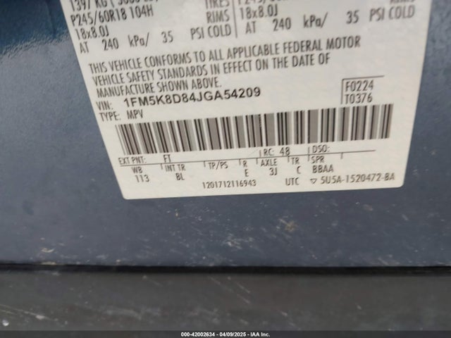 1FM5K8D84JGA54209 Ford EXPLORER XLT