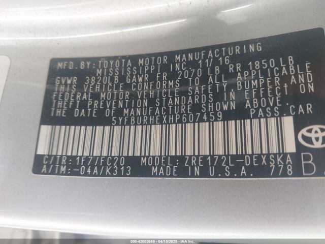 5YFBURHEXHP607459 Toyota COROLLA SE
