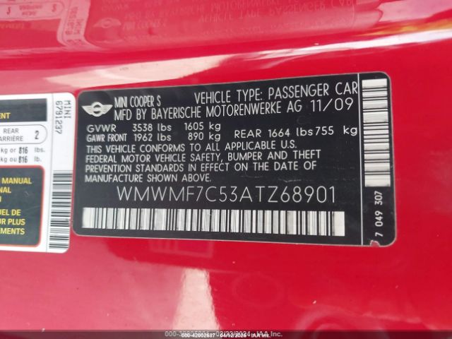 2010 MINI COOPER S WMWMF7C53ATZ68901 Photo 8
