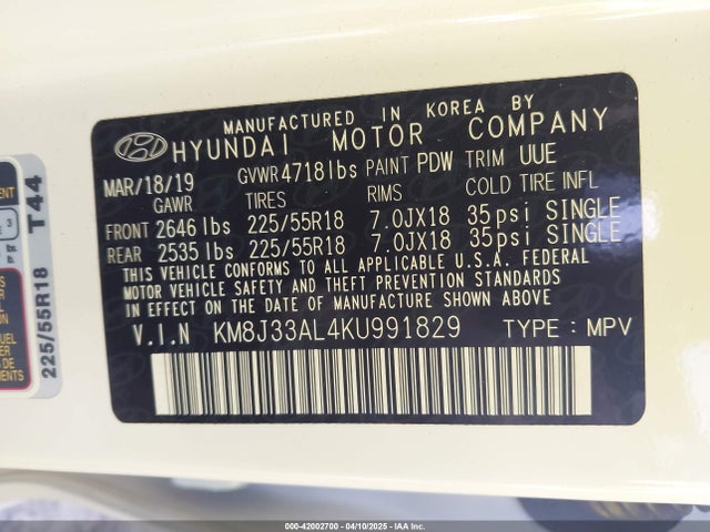 KM8J33AL4KU991829 Hyundai TUCSON SEL