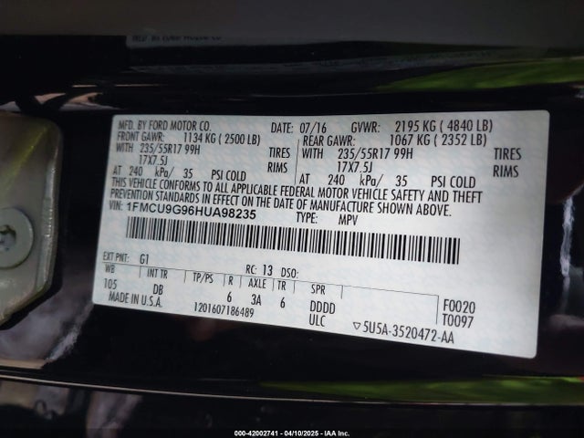 1FMCU9G96HUA98235 Ford ESCAPE SE