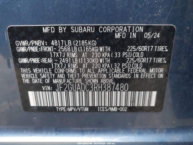 JF2GUADC3RH387480 Subaru Crosstrek Premium