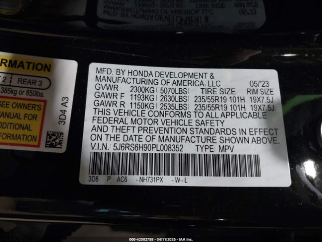 5J6RS6H90PL008352 Honda Cr-v Hybrid Sport Touring