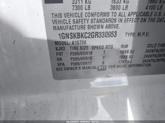 1GNSKBKC2GR330953 Chevrolet Tahoe Lt