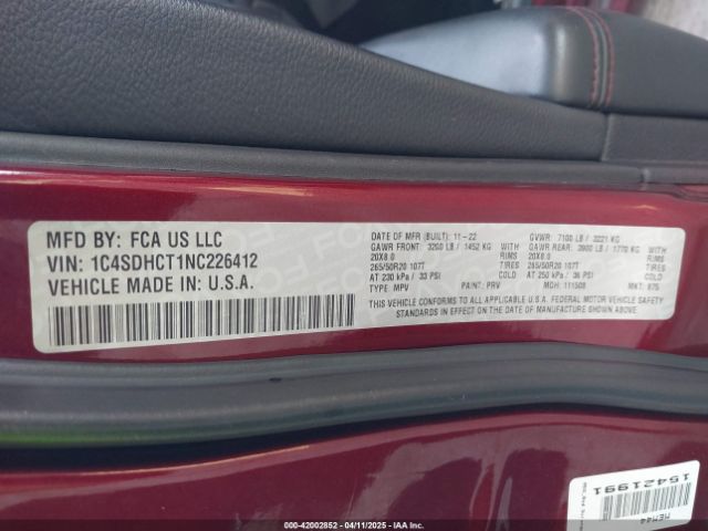 1C4SDHCT1NC226412 Dodge Durango R/t Rwd