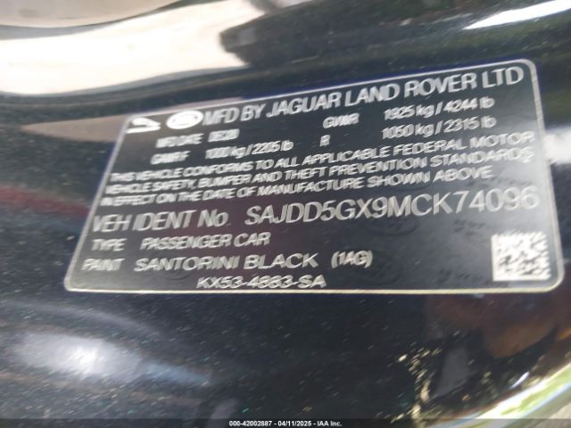 SAJDD5GX9MCK74096 Jaguar F-type P300 Rwd Automatic