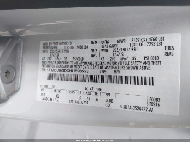 1FMCU9GDXHUB98553 Ford ESCAPE SE