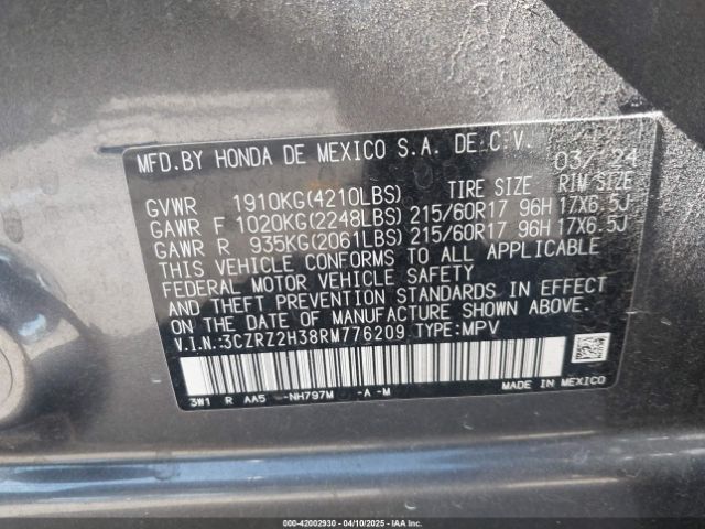 3CZRZ2H38RM776209 Honda Hr-v Awd Lx