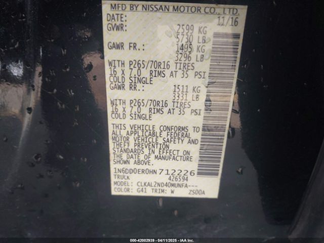 1N6DD0ER0HN712226 Nissan Frontier Sv