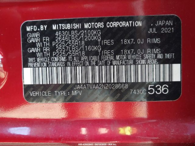 JA4ATVAA2NZ028668 Mitsubishi Eclipse Cross Le S-awc