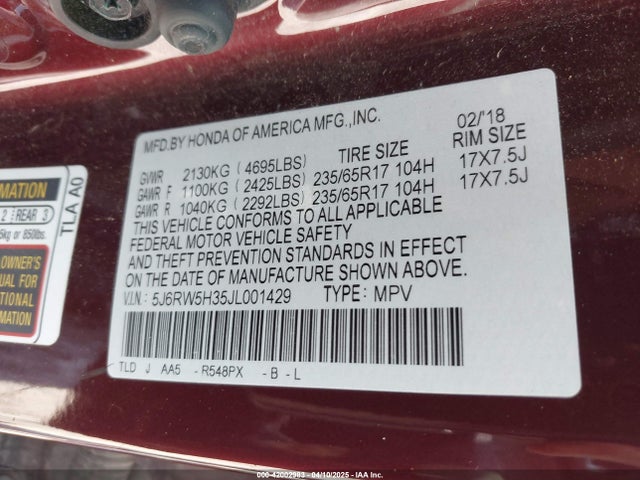 5J6RW5H35JL001429 Honda CR-V LX