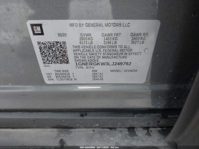 1GNERGKW3LJ249792 Chevrolet Traverse Fwd Lt Cloth