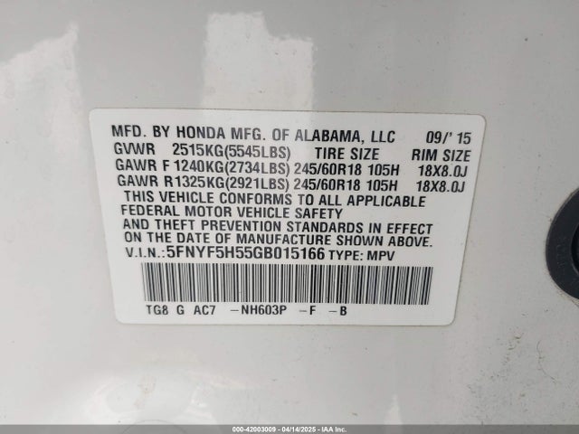 5FNYF5H55GB015166 Honda Pilot Ex-l