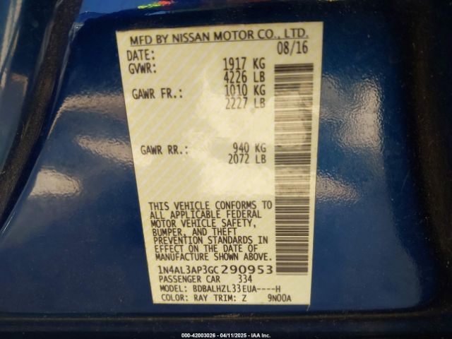1N4AL3AP3GC290953 Nissan Altima 2.5 Sr