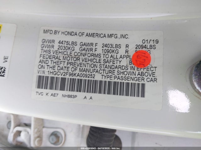 1HGCV2F96KA009252 Honda k20c4