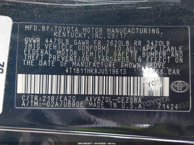 4T1B11HK8JU519613 Toyota CAMRY SE
