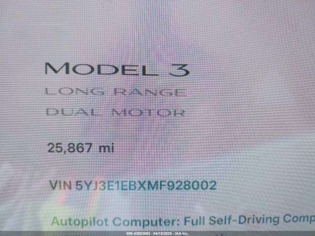 5YJ3E1EBXMF928002 Tesla Model 3 Long Range Dual Motor All-wheel Drive