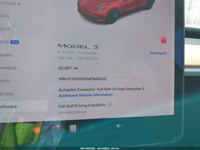 5YJ3E1EBXMF928002 Tesla Model 3 Long Range Dual Motor All-wheel Drive