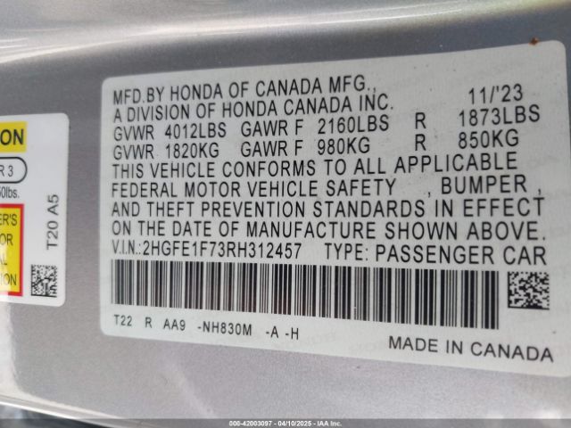 2HGFE1F73RH312457 Honda CIVIC EX
