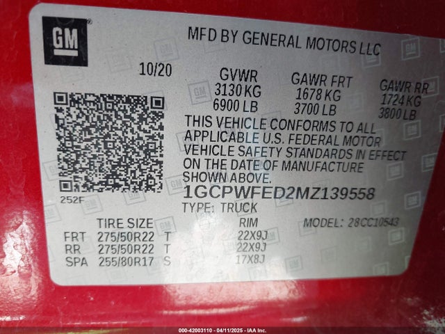 1GCPWFED2MZ139558 Chevrolet Silverado 1500 2wd  Short Bed High Country