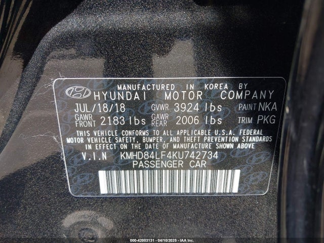 KMHD84LF4KU742734 Hyundai ELANTRA SEL