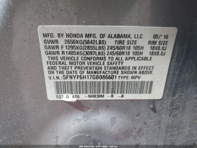 5FNYF6H17GB086601 Honda PILOT LX