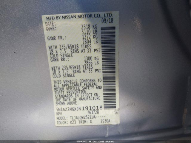 5N1AZ2MGXJN191018 Nissan MURANO SV