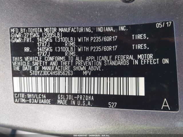 5TDYZ3DC4HS856263 Toyota Sienna Xle 8 Passenger