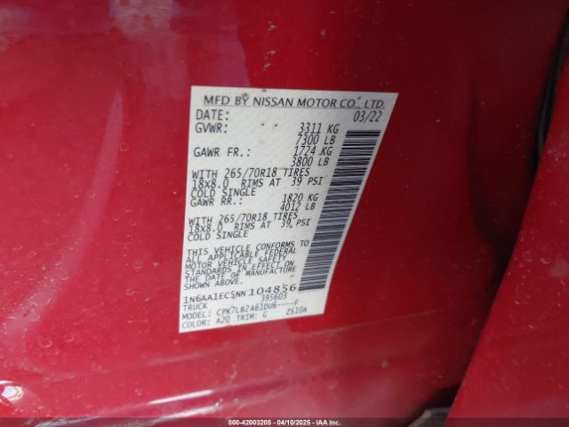 1N6AA1EC5NN104856 Nissan Titan Sv 4x4