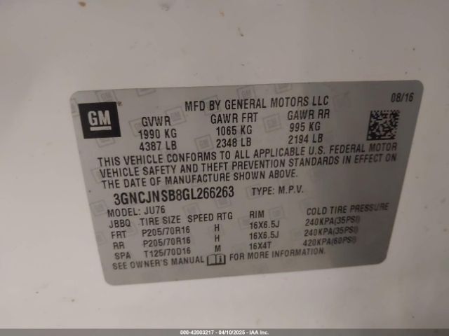 3GNCJNSB8GL266263 Chevrolet Trax 1ls