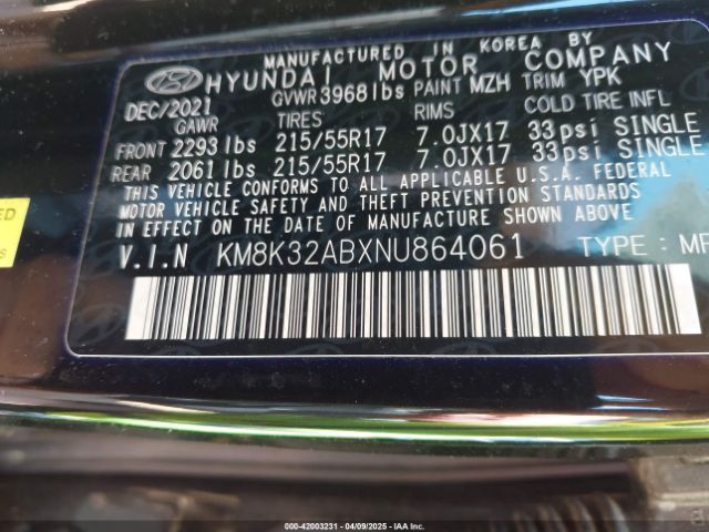 KM8K32ABXNU864061 Hyundai Kona Sel